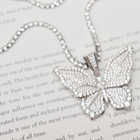 CZ Iced Butterfly Pendant w Gold Silver Iced Chain - Picture 9 of 10